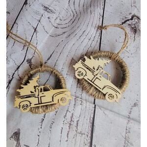 Set Of 2 Twine Wrapped Round Ornament With Wooden Truck With Tree Ornament